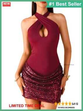 Sexy Keyhole Halter Sequin Bodycon Mini Dress Ruched Open Back Party